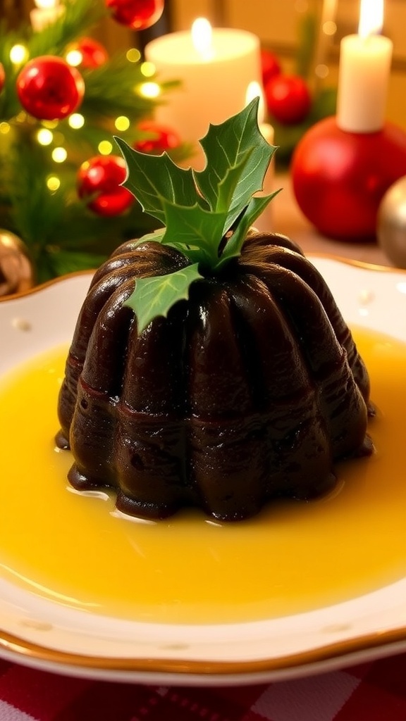 Columbia Christmas Pudding Recipe A traditional Columbia Christmas pudding with custard sauce and festive decorations.